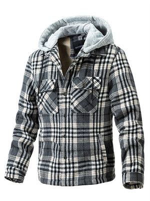 Male Winter Fleece Lined Plaid Hooded Coats