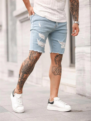 Men's Simple Light Blue Frayed Denim Shorts