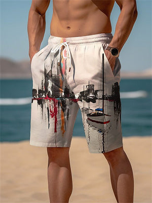 Men's Building Sailboat 3D Print Trunks Beach Shorts
