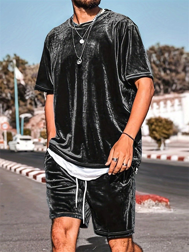 Men's Summer Short Sleeved Drawstring Velvet Set for Men