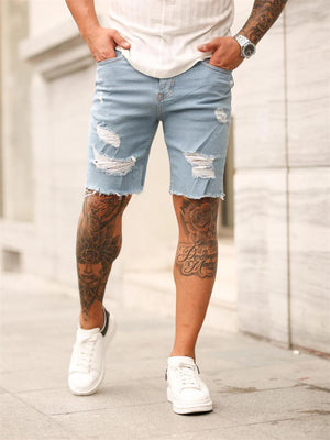 Men's Simple Light Blue Frayed Denim Shorts