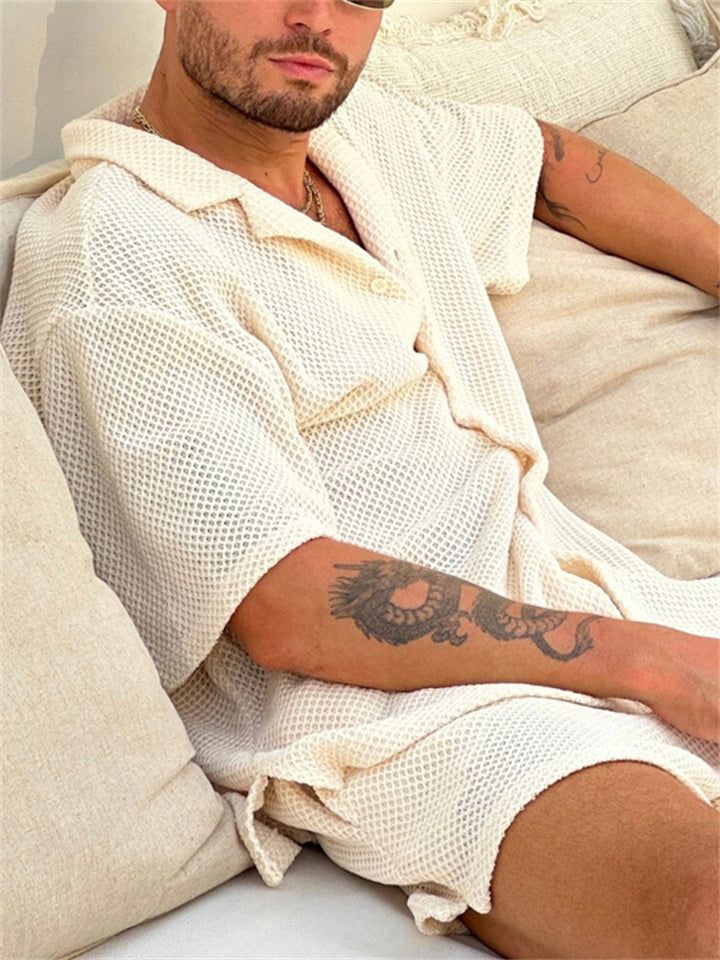 Summer Short Sleeved Drawstring Button Up Outfits for Men