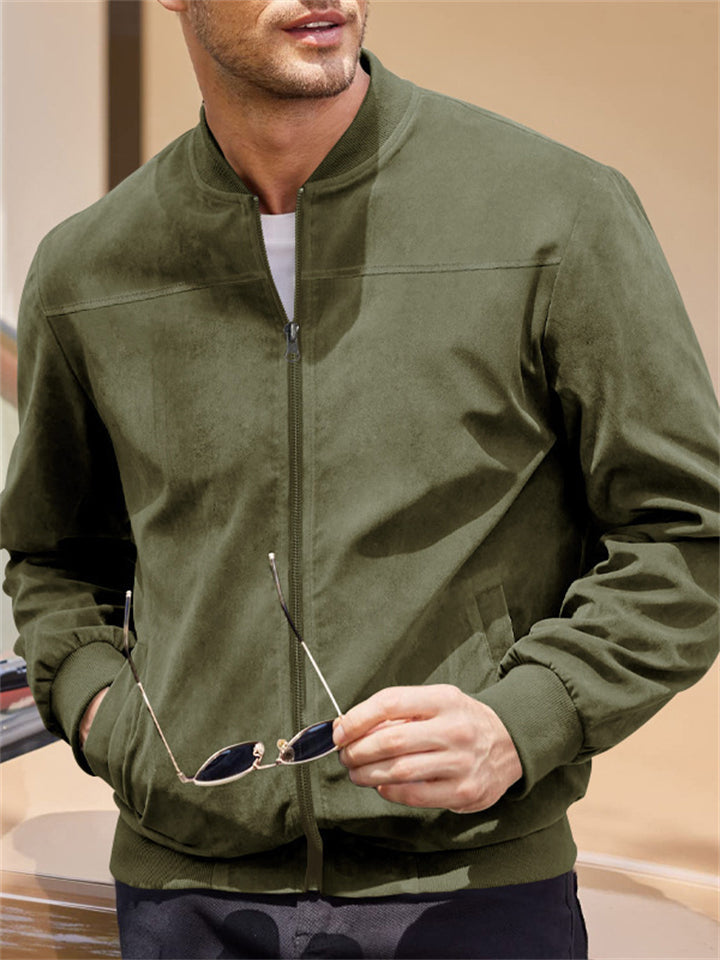Men's Fashion Stand Up Collar Zip Up Suede Jacket
