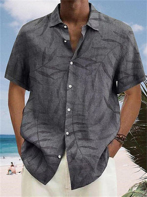 Men's Linen Leaf Print Short Sleeve Hawaiian Shirt