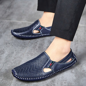 Men's Summer Rubber Sole Leather Sandals with Breathable Holes