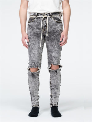 Male Vintage Stylish Grey Skinny Hole Jeans