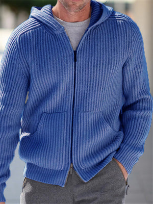 Men's Autumn Hooded Zipper Knit Sweater with Pocket