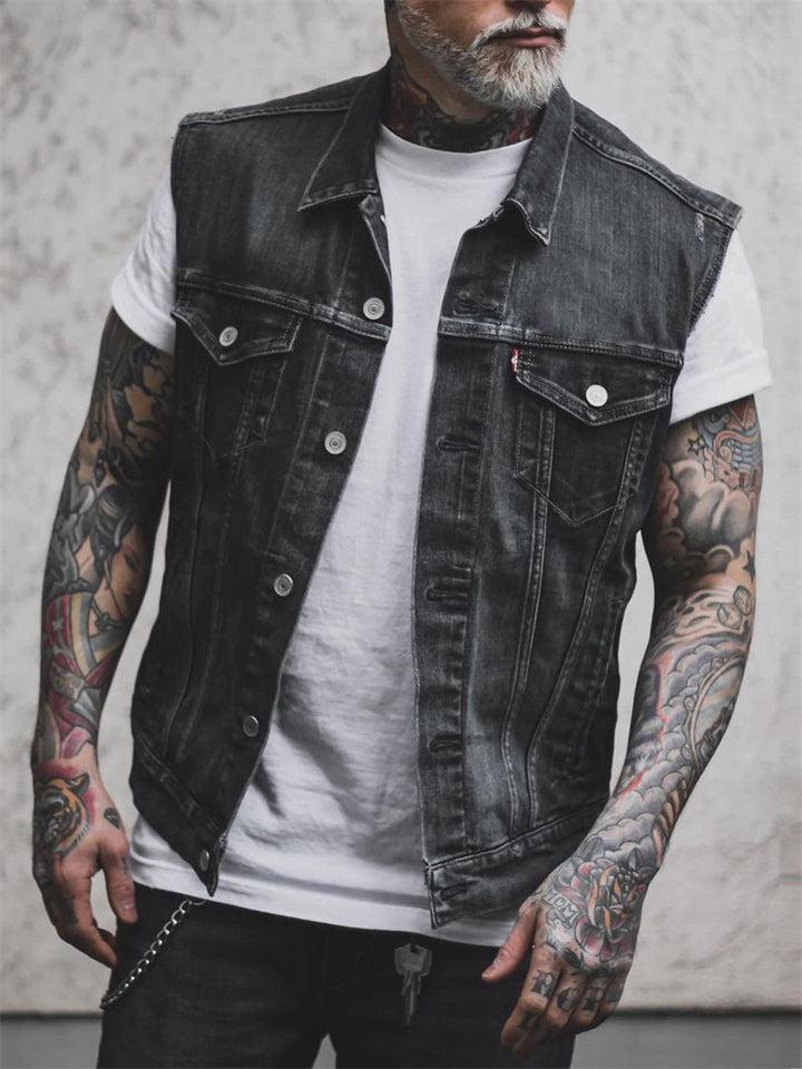 Men's Punk Style Skull Flame Print Denim Vest