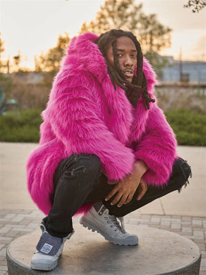 Fashionable Men's Pink Hooded Faux Fur Coat
