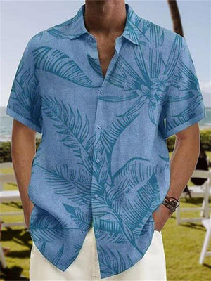 Men's Linen Coconut Tree Print Blue Aloha Shirt