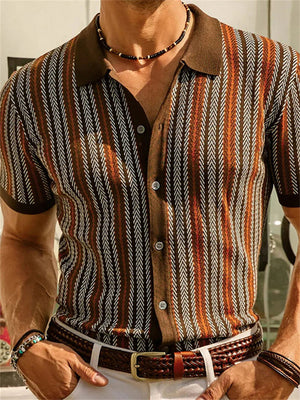 Men's Thai Stripe Lapel Short Sleeve Slim Fit Knit Shirt