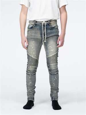 Men's White Points Design Pleated Distressed Pencil Jeans