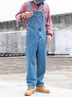 Blue Loose Straight Trousers Denim Overalls Cargo Jumpsuits Mens