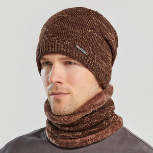 Men’s Cozy Warm Knitted Set Beanie Cap + Fur Lining Scarf