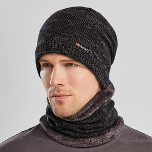 Men’s Cozy Warm Knitted Set Beanie Cap + Fur Lining Scarf