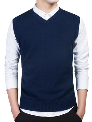 Male Solid Pullover V Neck Sleeveless Vest Sweater