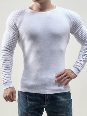 Male Trendy Fit Round Neck Pleated Raglan Sleeve Sweaters
