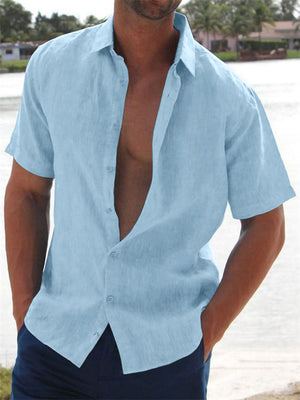 Men's Fashion Lapel Solid Color Short Sleeve Linen Shirts