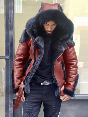 Mens Winter Hooded Luxury Fur Leather Biker Jacket