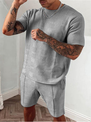 Mens Fashion Casual Plaid Comfy Short Sleeve T-Shirts+Shorts
