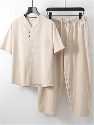 Men's Summer Comfy Loose Cotton Linen Simple Set