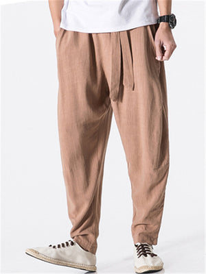 Mens Casual Loose Linen Harem Ankle Pants With Stripe