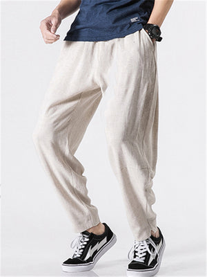 Mens Casual Loose Linen Harem Ankle Pants With Stripe