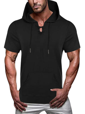 Men's Loose V-neck Short Sleeve Fitness Drawstring Hooded Tops