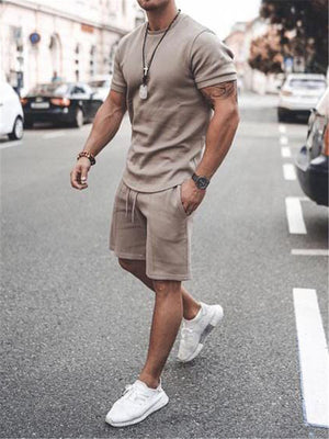 Men's Casual Comfy Cotton Short Sleeve T-Shirts+Shorts