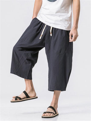 Loose-Fit Elastic Waist Drawstring Linen Cropped Harem Trousers With Pockets