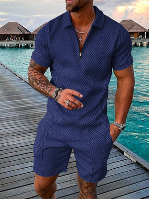 Men's Solid Color Printed Lapel Zipper Short Sleeve Shirts Outfits