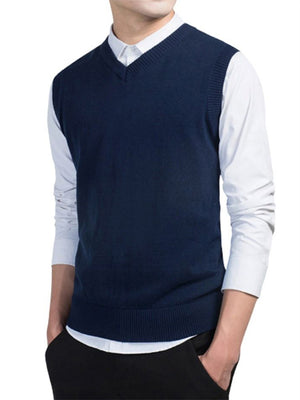 Male Solid Pullover V Neck Sleeveless Vest Sweater