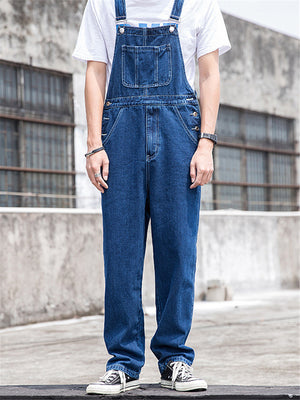Blue Loose Straight Trousers Denim Overalls Cargo Jumpsuits Mens