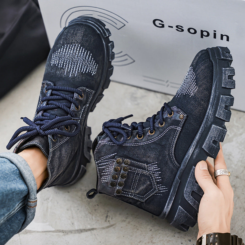 Men's Five-Pointed Star Studded Denim Canvas Martin Boots