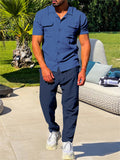 Male Summer Casual Slim Fit Sets Short Sleeve Shirt+Long Pants