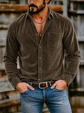 Men's Autumn Solid Color Lapel Long Sleeve Corduroy Shirts