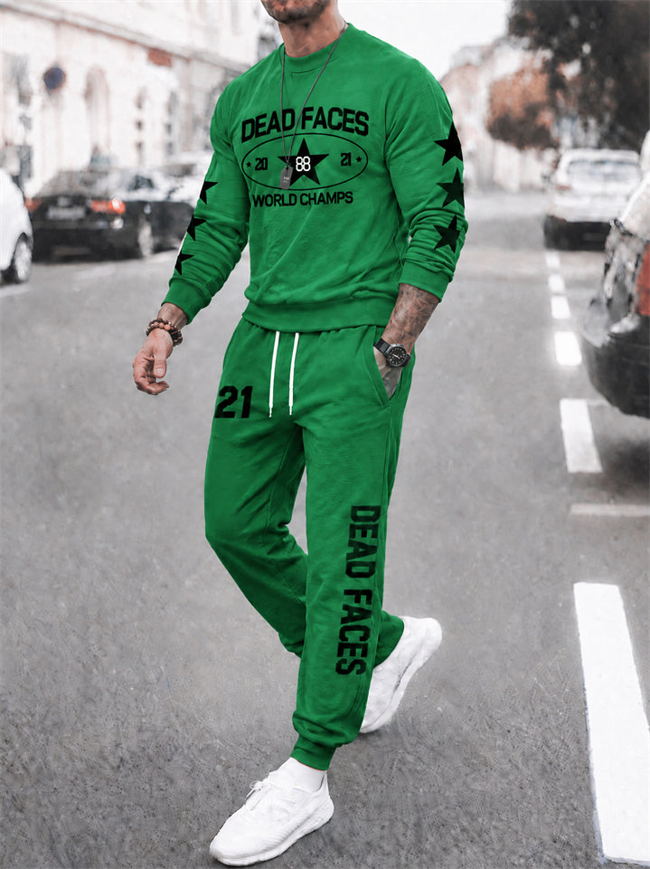 Men's Casual Round Neck Letter Number Printed Sports Sweatsuit Set