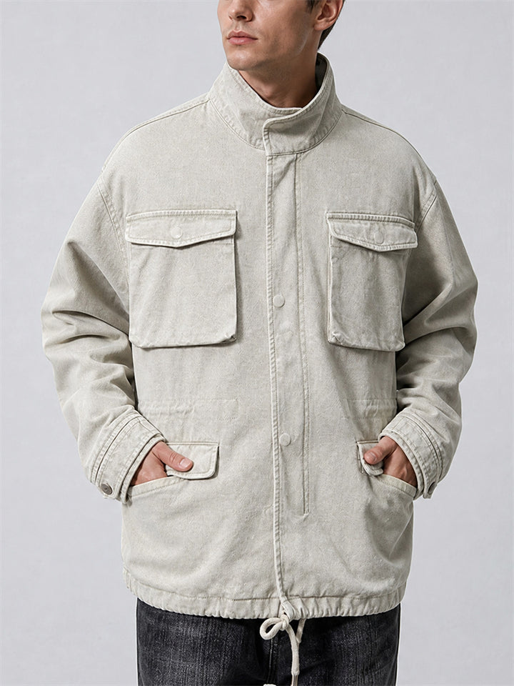 Men Cotton Washed Zip Up Multi Pocket Drawstring Cargo Coat