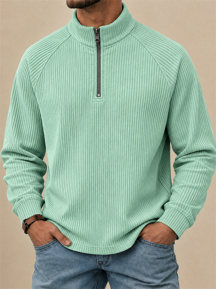 Men Stripe Half Zip Pullover Long Sleeve Casual Polo Sweatshirt