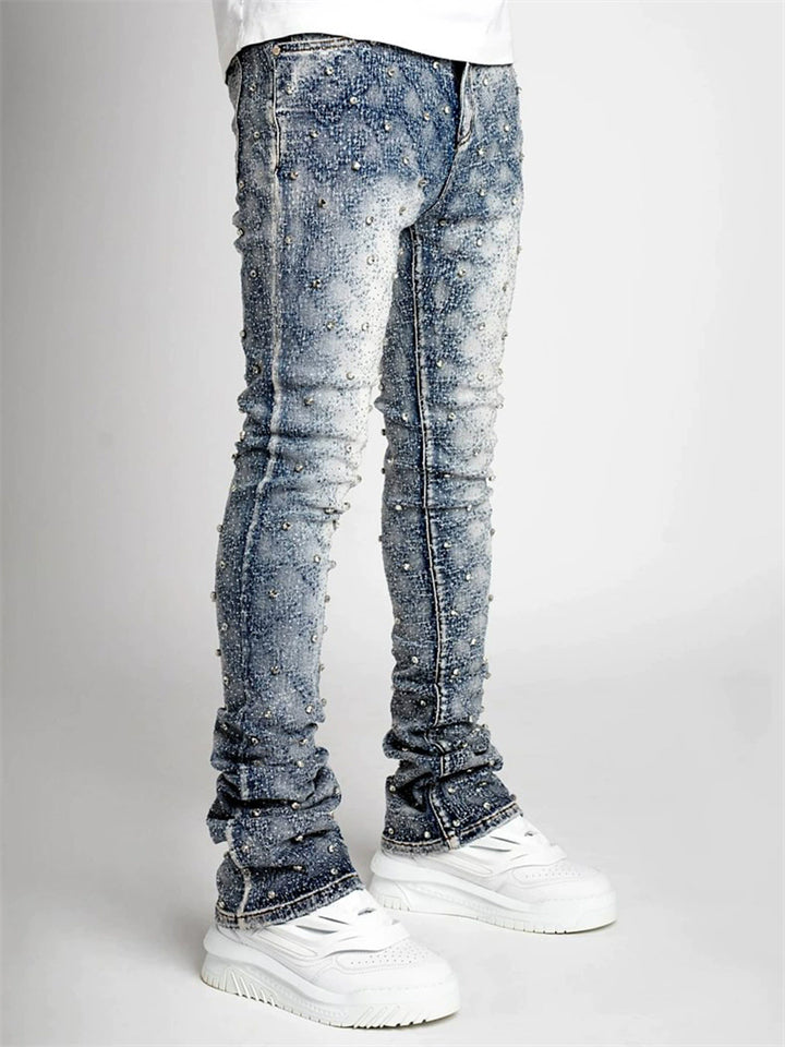 Men's High Waist Stretchy Beads Decorated Skinny Jeans