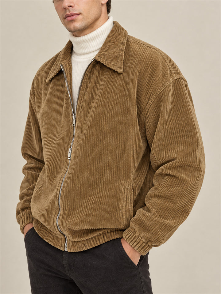 Men Casual Corduroy Zip Up Collared Bomber Jacket