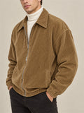 Men Casual Corduroy Zip Up Collared Bomber Jacket