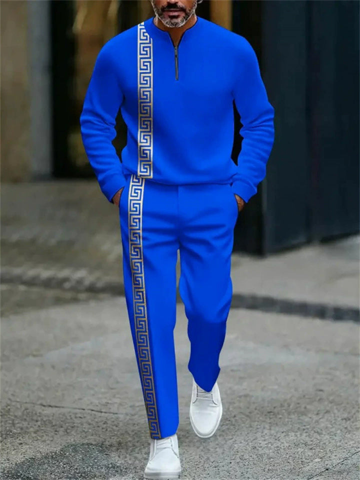 Men's Greek Key Pattern Casual Polo Tracksuit Set