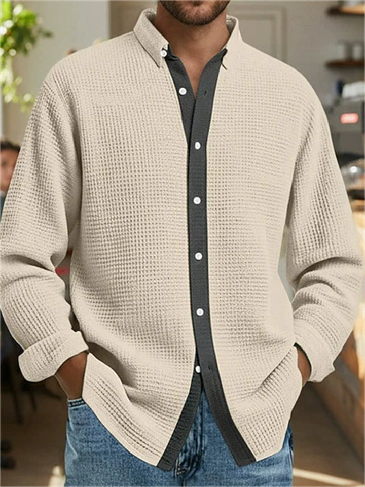 Men's Contrast Trim Waffle-Knit Button Up Casual Shirts