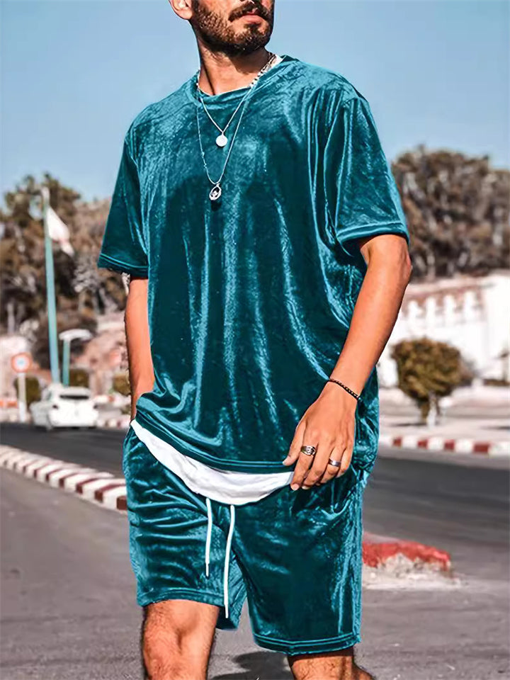 Men's Summer Short Sleeved Drawstring Velvet Set for Men