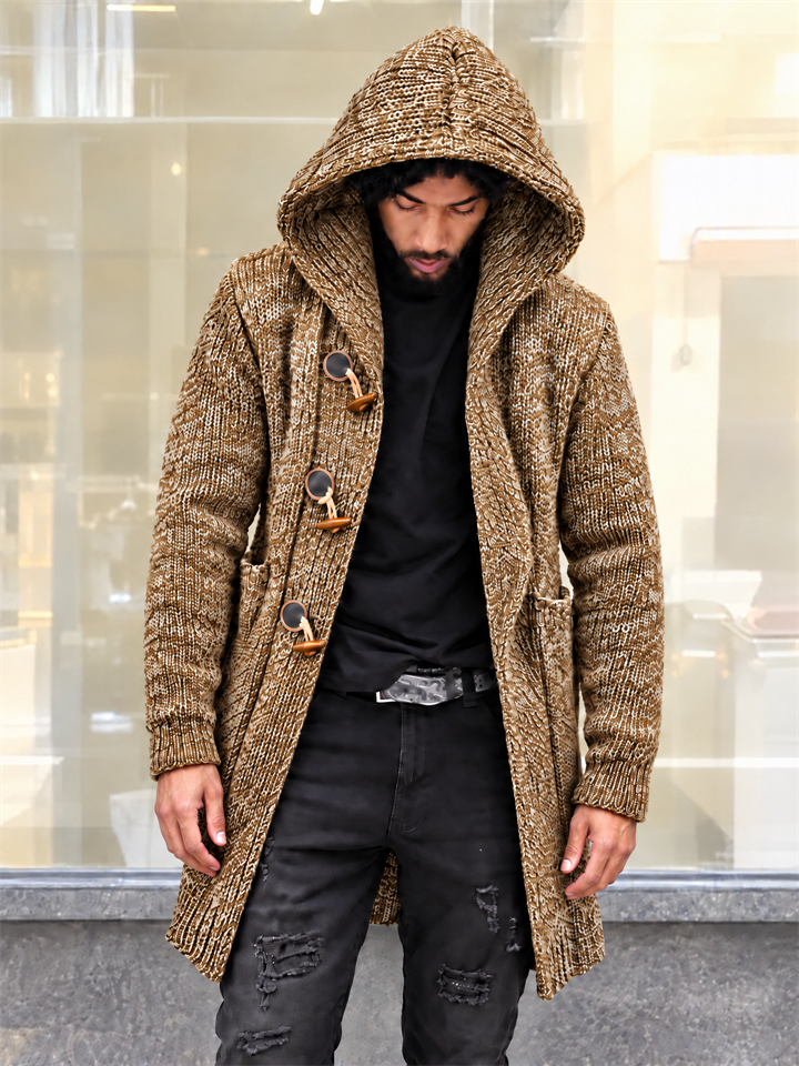 Men's Vintage Hooded Sweater Jacket with Horn Buttons