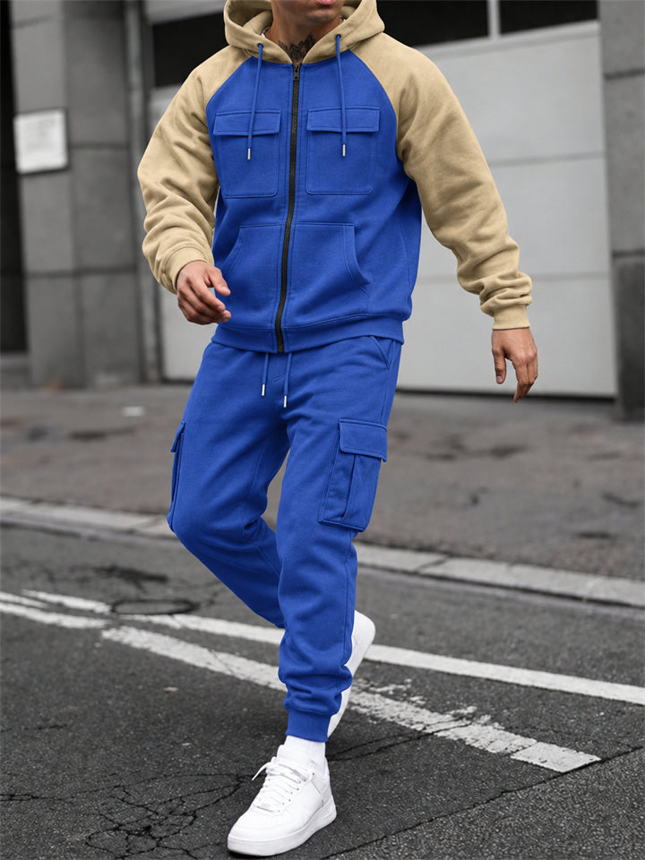 Men Color Block Hoodie and Cargo Jogger Pants Two Piece Outdoor Tracksuit