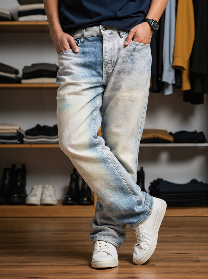 Men Streetwear Wash Jeans Vintage Straight Leg Denim Pants