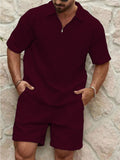 Men's Casual Lapel Collar Waffle Sports Set