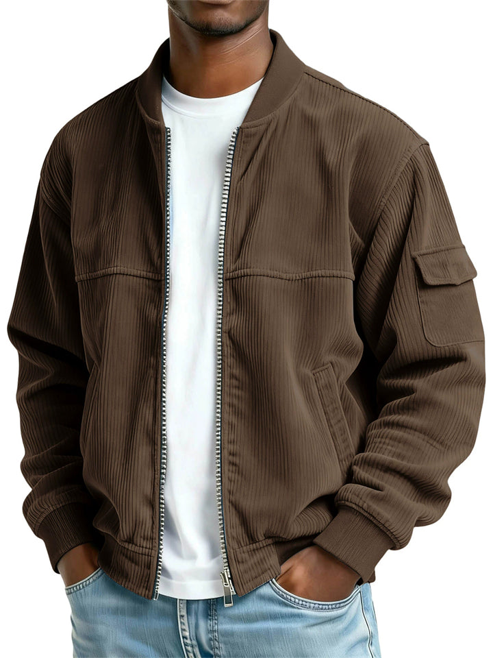 Men Corduroy Zip Up Cargo Pocket Flight Bomber Jacket